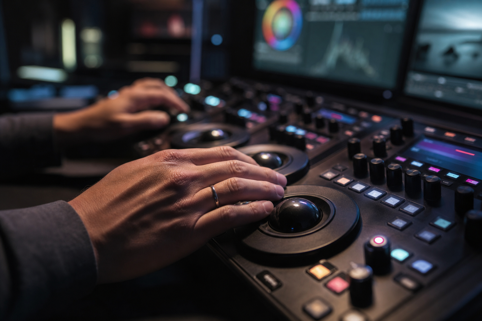 Mains sur une console de postproduction