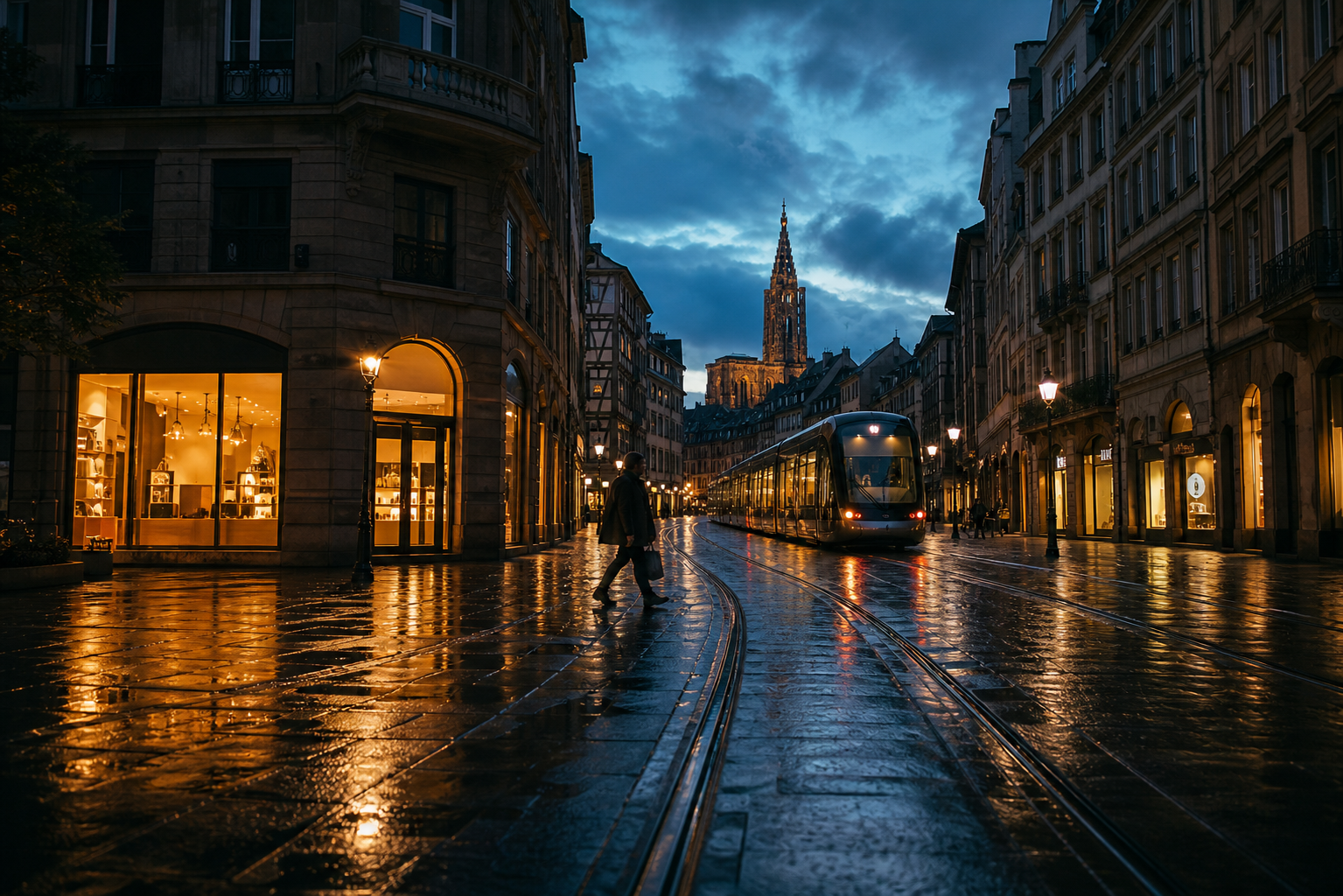 Tramway à Strasbourg à l’heure bleue